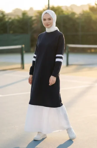 Robe Hijab Sportive Ornée 71079-04 Bleu Marine 71079-04