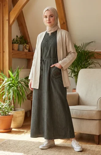 Robe Authentique En Tissu Şile 8026-02 Kaki 8026-02