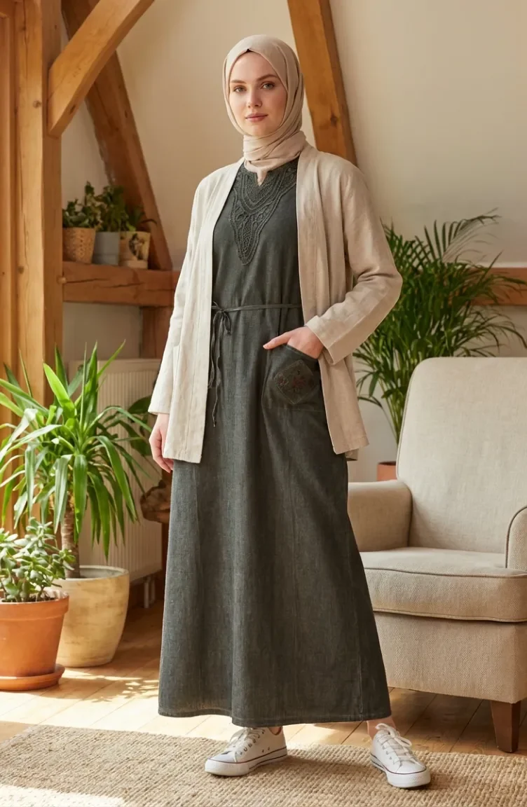 Robe Authentique En Tissu Şile 8026-02 Kaki 8026-02