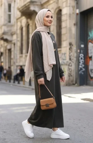 Robe Hijab à Boutons 2193-01 Kaki 2193-01