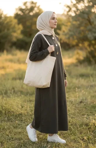 Robe Hijab à Boutons 2193-01 Kaki 2193-01