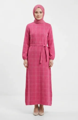 Robe D`hiver Rayée Ceinturée à Poignets élastiqués 2505-03 Rose 2505-03