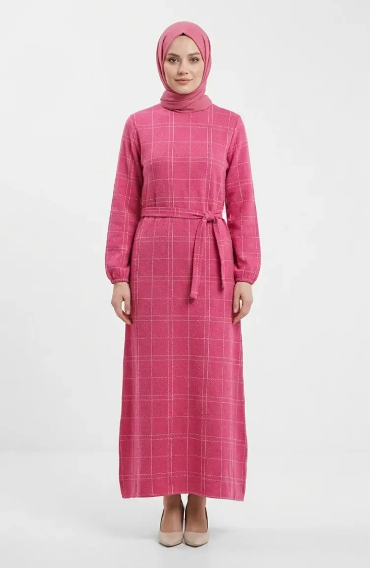 Striped Belted Winter Dress With Elasticated Cuffs 2505-03 Pink 2505-03 |  Sefamerve