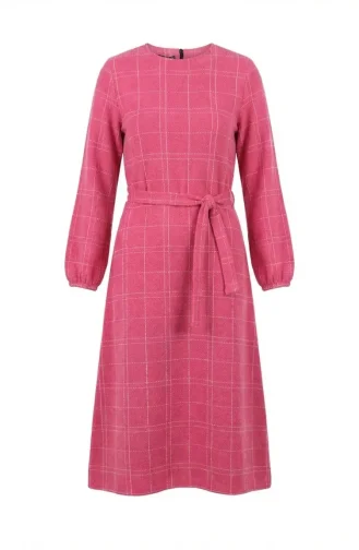 Robe D`hiver Rayée Ceinturée à Poignets élastiqués 2505-03 Rose 2505-03