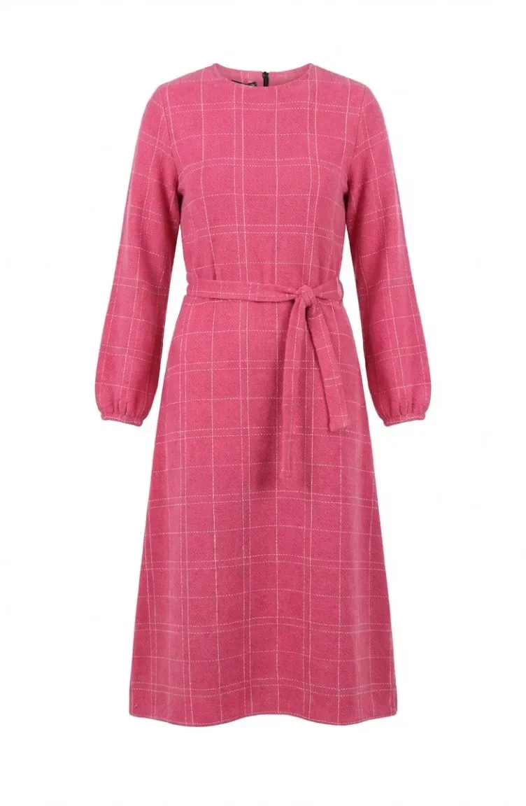 Striped Belted Winter Dress With Elasticated Cuffs 2505-03 Pink 2505-03