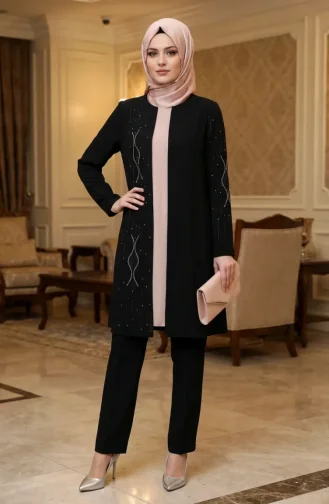 Ensemble Hijab Deux Pièces Orné De Pierres 6304-01 Noir 6304-01