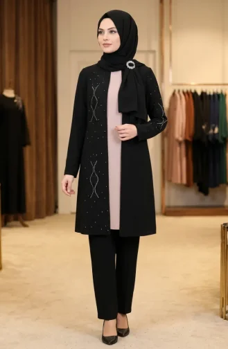 Ensemble Hijab Deux Pièces Orné De Pierres 6304-01 Noir 6304-01