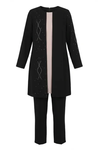 Ensemble Hijab Deux Pièces Orné De Pierres 6304-01 Noir 6304-01
