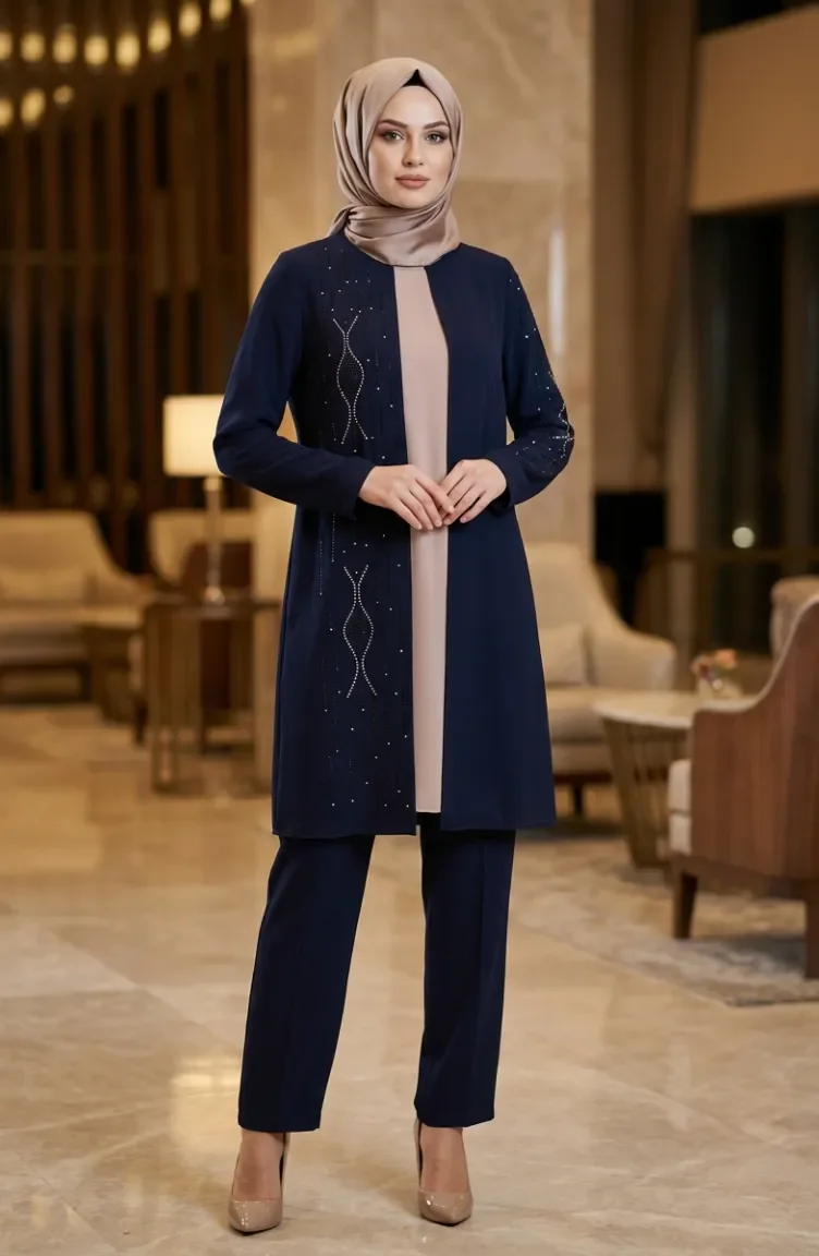 Zweiteiliges Hijab-Set Mit Steinverzierungen 6304-02 Marineblau 6304-02