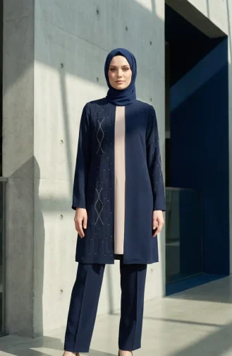 Zweiteiliges Hijab-Set Mit Steinverzierungen 6304-02 Marineblau 6304-02