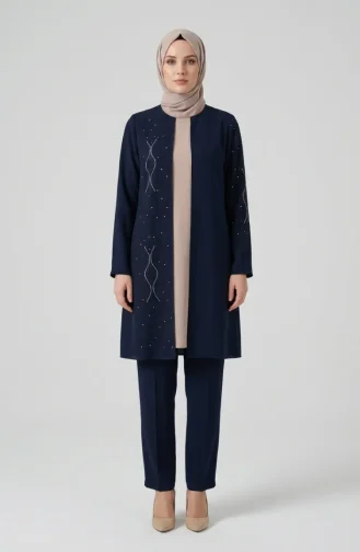 Zweiteiliges Hijab-Set Mit Steinverzierungen 6304-02 Marineblau 6304-02
