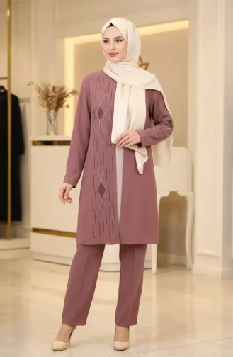 Stone Embellished Hijab Two-Piece Set 6304-04 Rose Pink 6304-04