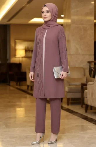 Stone Embellished Hijab Two-Piece Set 6304-04 Rose Pink 6304-04