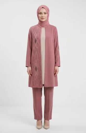 Stone Embellished Hijab Two-Piece Set 6304-04 Rose Pink 6304-04