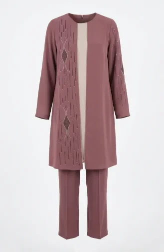 Stone Embellished Hijab Two-Piece Set 6304-04 Rose Pink 6304-04