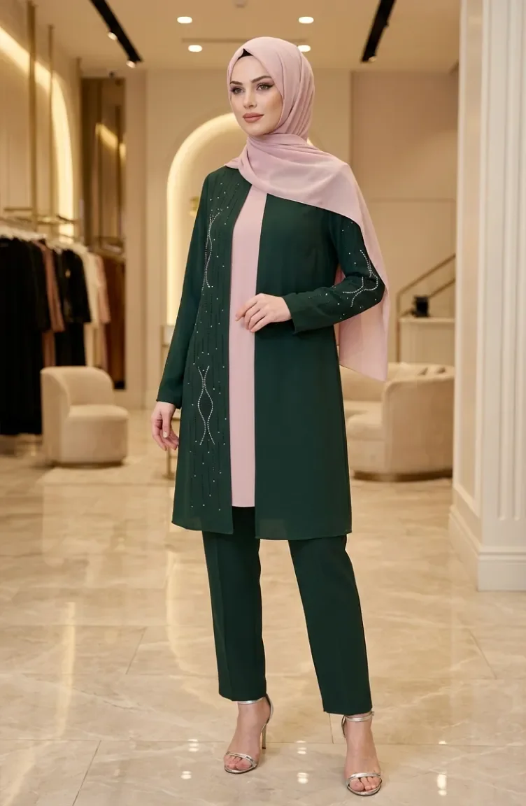 Zweiteiliges Hijab-Set Mit Steinverzierungen 6304-05 Khaki 6304-05