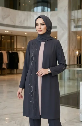 طقم حجاب من قطعتين مزين بالأحجار، 6304-06، لون رمادي دخاني 6304-06