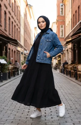 Şile Bezi Uzun Kol Elbise Kat Kat 7980-02 Siyah