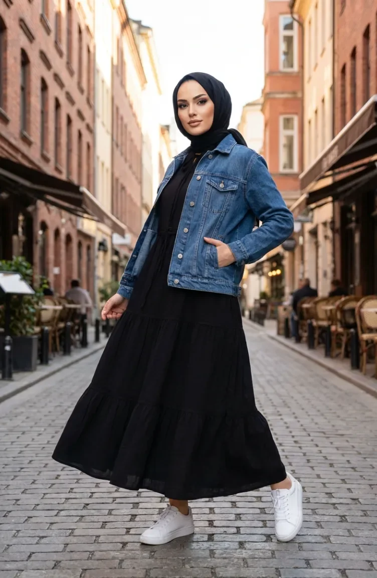 Şile Bezi Uzun Kol Elbise Kat Kat 7980-02 Siyah