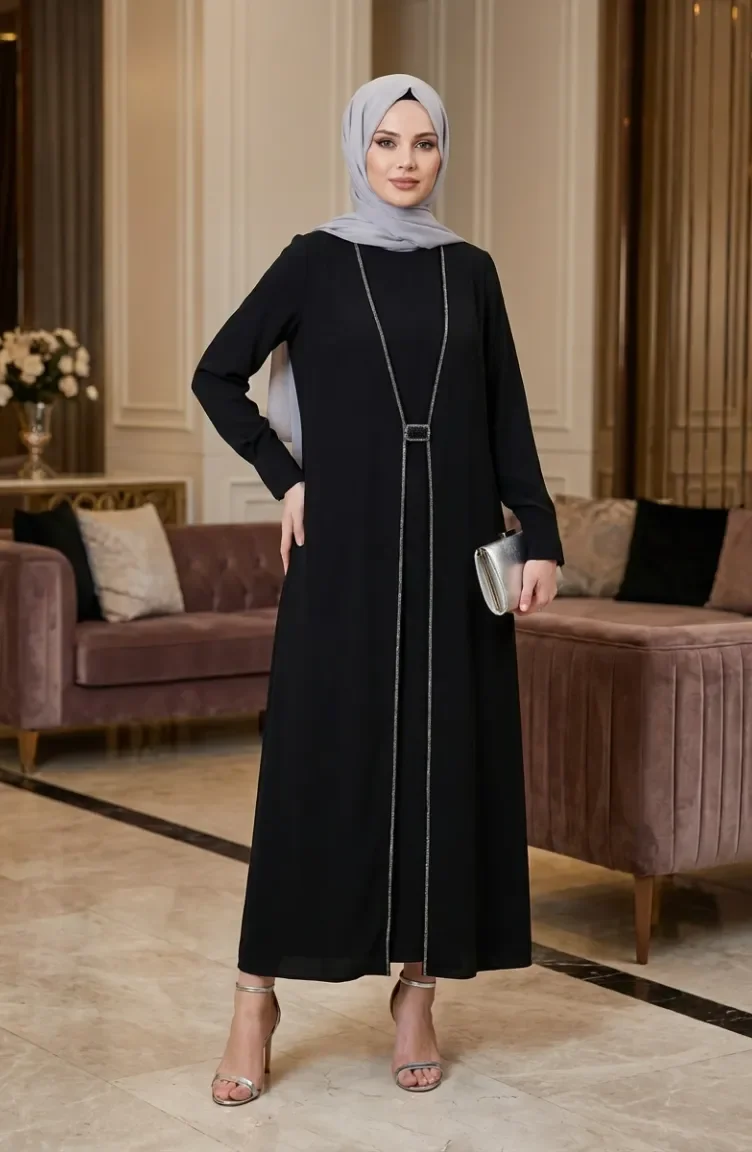 Taş İşlemeli Tesettür Elbise 6273-02 Siyah