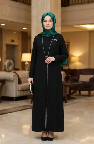 Taş İşlemeli Tesettür Elbise 6273-02 Siyah