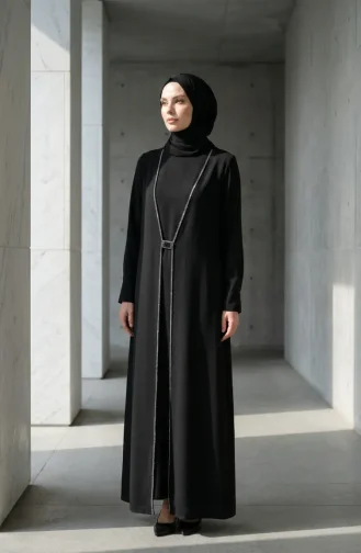 Taş İşlemeli Tesettür Elbise 6273-02 Siyah