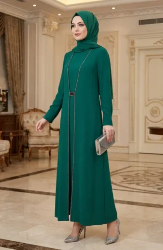 Hijab-Kleid Mit Steinverzierungen 6273-04 Smaragdgrün 6273-04