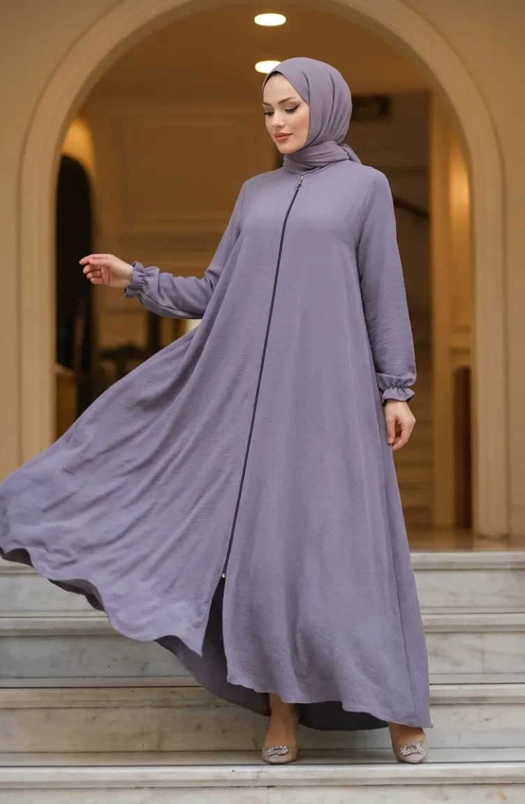عباية مولانا من قماش أيروبين بأكمام مطاطية وسحاب، 4140-07 رمادي 4140-07