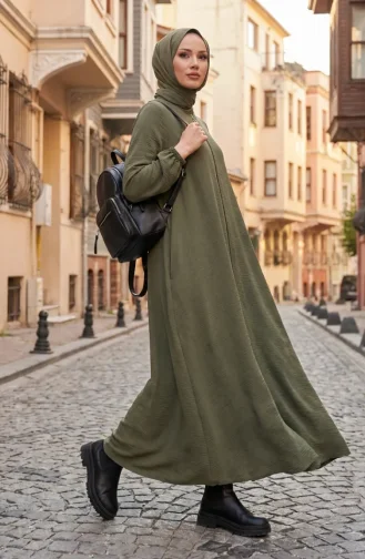 Aerobin Fabric Mevlana Abaya With Elasticated Sleeves And Zipper 4140-06 Khaki Green 4140-06