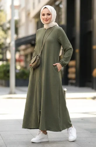 Aerobin Fabric Mevlana Abaya With Elasticated Sleeves And Zipper 4140-06 Khaki Green 4140-06