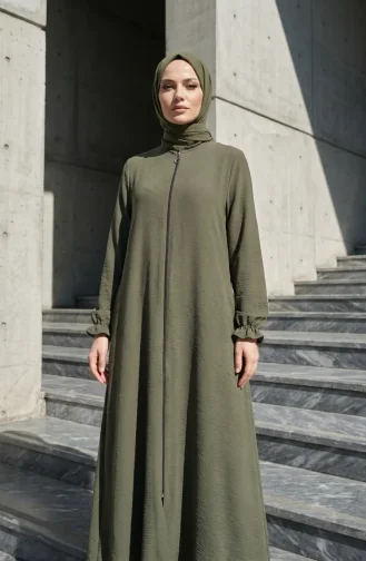 Aerobin Fabric Mevlana Abaya With Elasticated Sleeves And Zipper 4140-06 Khaki Green 4140-06
