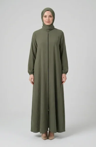 Aerobin Fabric Mevlana Abaya With Elasticated Sleeves And Zipper 4140-06 Khaki Green 4140-06