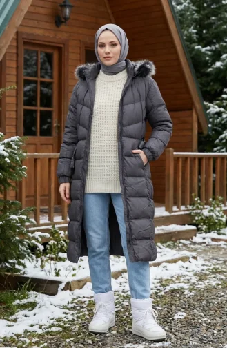 Fur-lined Hooded Puffer Jacket With Belt 6135-01 Grey 6135-01