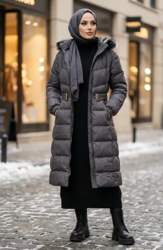 Fur-lined Hooded Puffer Jacket With Belt 6135-01 Grey 6135-01