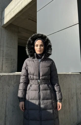 Fur-lined Hooded Puffer Jacket With Belt 6135-01 Grey 6135-01
