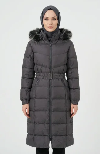 Fur-lined Hooded Puffer Jacket With Belt 6135-01 Grey 6135-01
