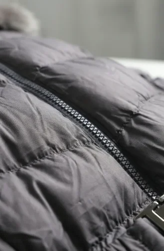 Fur-lined Hooded Puffer Jacket With Belt 6135-01 Grey 6135-01