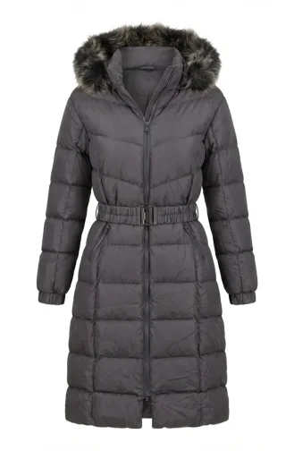 Fur-lined Hooded Puffer Jacket With Belt 6135-01 Grey 6135-01
