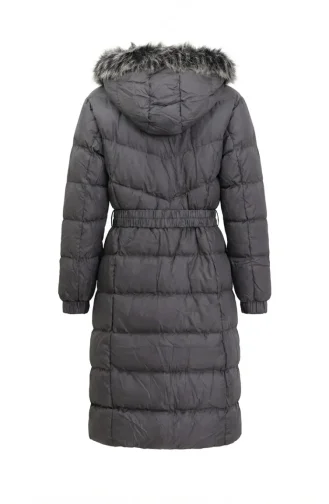Fur-lined Hooded Puffer Jacket With Belt 6135-01 Grey 6135-01