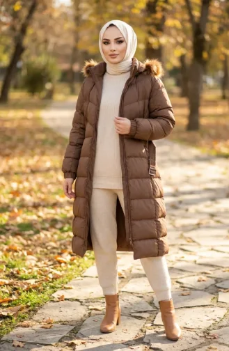 Fur-lined Hooded Puffer Jacket With Belt 6135-02 Tan 6135-02