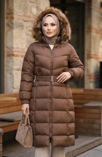 Fur-lined Hooded Puffer Jacket With Belt 6135-02 Tan 6135-02