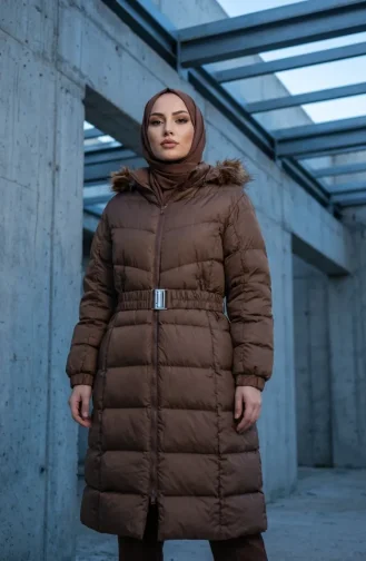 Fur-lined Hooded Puffer Jacket With Belt 6135-02 Tan 6135-02