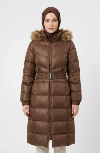 Fur-lined Hooded Puffer Jacket With Belt 6135-02 Tan 6135-02