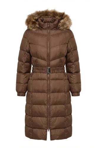 Fur-lined Hooded Puffer Jacket With Belt 6135-02 Tan 6135-02