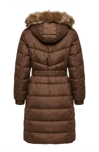 Fur-lined Hooded Puffer Jacket With Belt 6135-02 Tan 6135-02