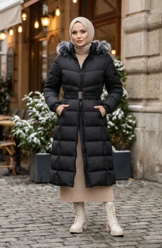 Fur-lined Hooded Puffer Jacket With Belt 6135-03 Black 6135-03