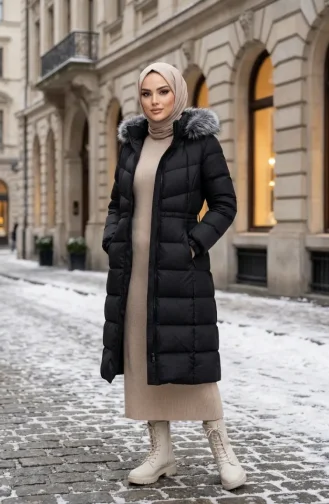Fur-lined Hooded Puffer Jacket With Belt 6135-03 Black 6135-03