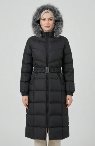 Fur-lined Hooded Puffer Jacket With Belt 6135-03 Black 6135-03