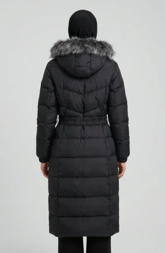 Fur-lined Hooded Puffer Jacket With Belt 6135-03 Black 6135-03