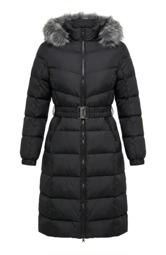 Fur-lined Hooded Puffer Jacket With Belt 6135-03 Black 6135-03